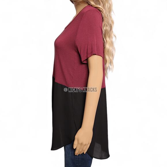Lush Stitch Fix Maroon Black Colorblock Top Sheer Mixed Media Scoop Neck Size M - Picture 4 of 10